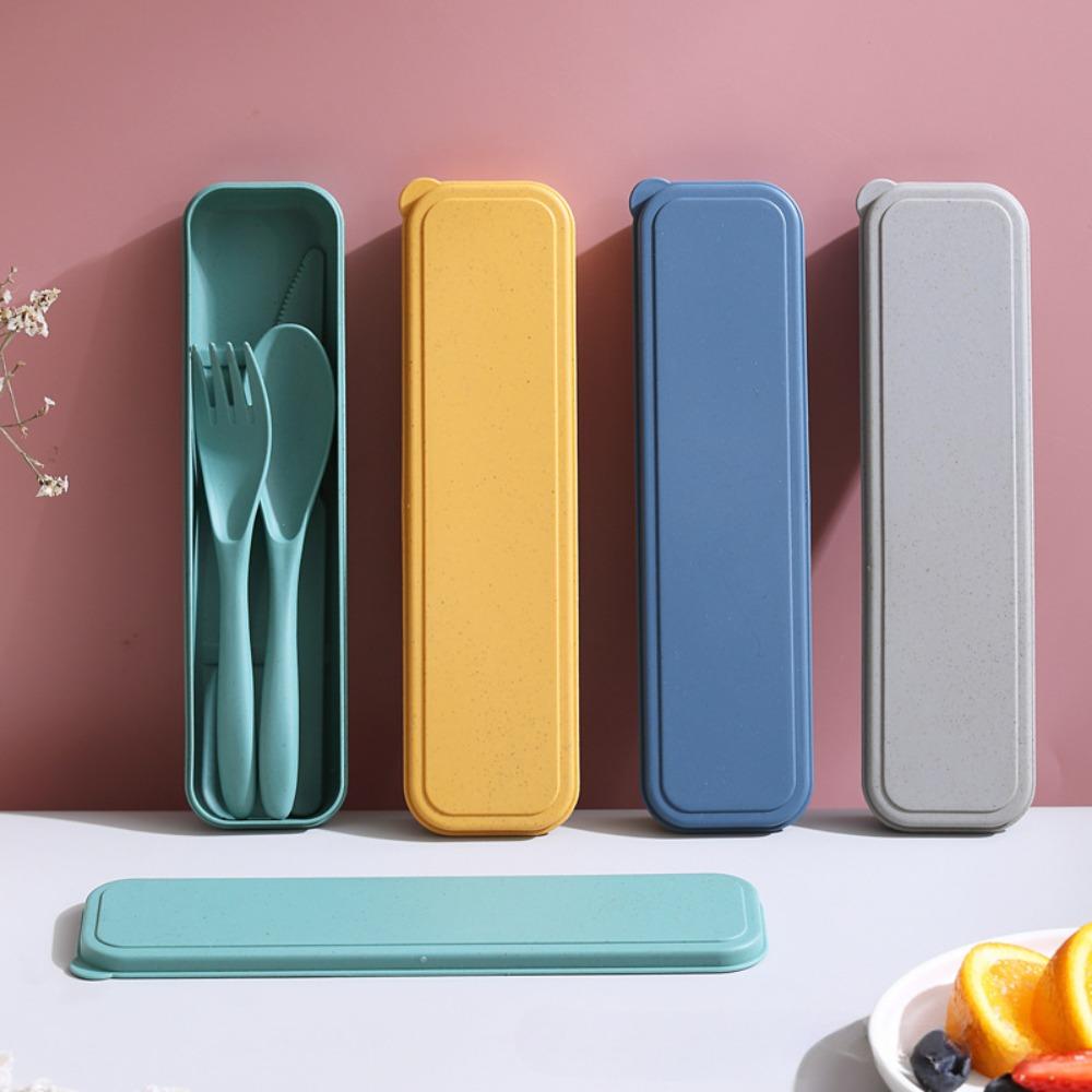 Practical Tableware Reusable Camping Utensil Set Ultralight Wheat Straw Camping Spoon Fork with Case Plastic Travel Utensils