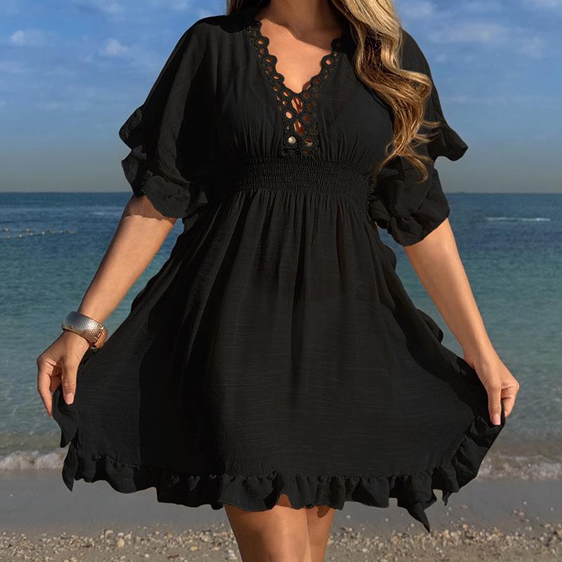 

Вязаный крючком цветочный воротник, приталенное, подол лотос, защита от солнца, пляжное платье One Size