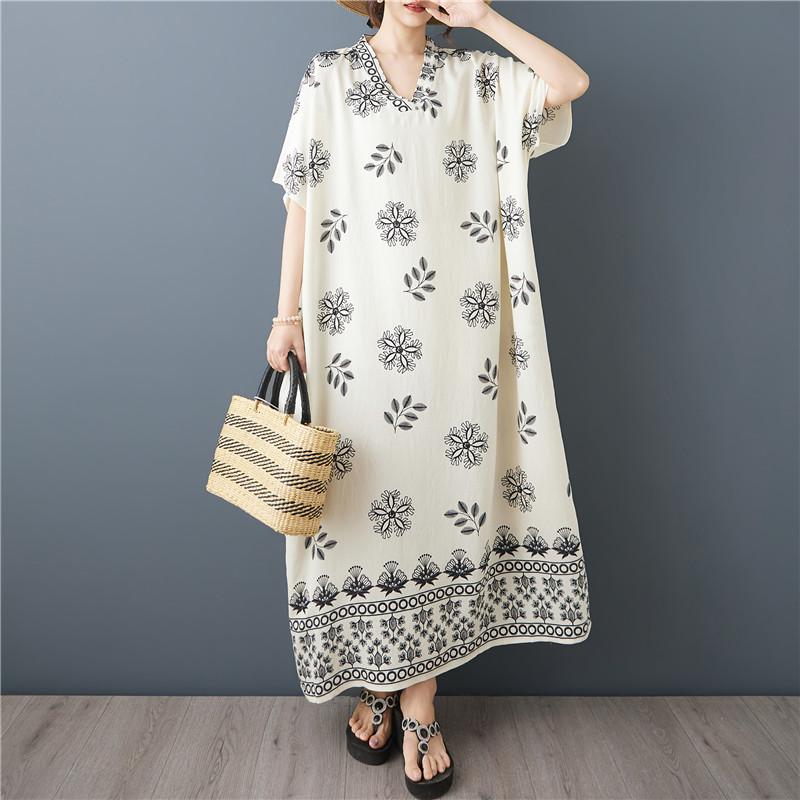 Short Sleeve Plus Size Cotton Vintage Floral New In Dresses for Women Casual Loose Long Summer Dress