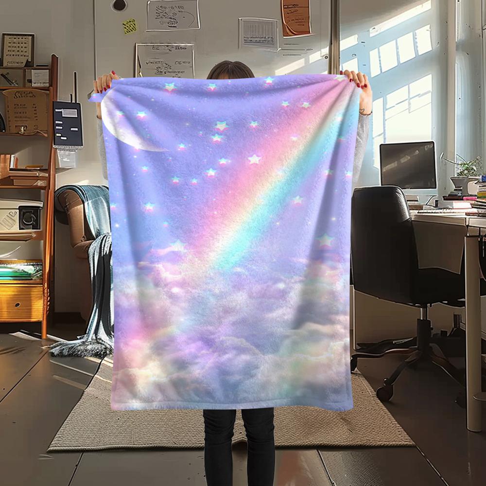 1Pc Galaxy Moon Print Flannel Blanket, High quality Comfortable for All Seasons, Home Decor, Warmth and Comfort, Perfect for Gifts