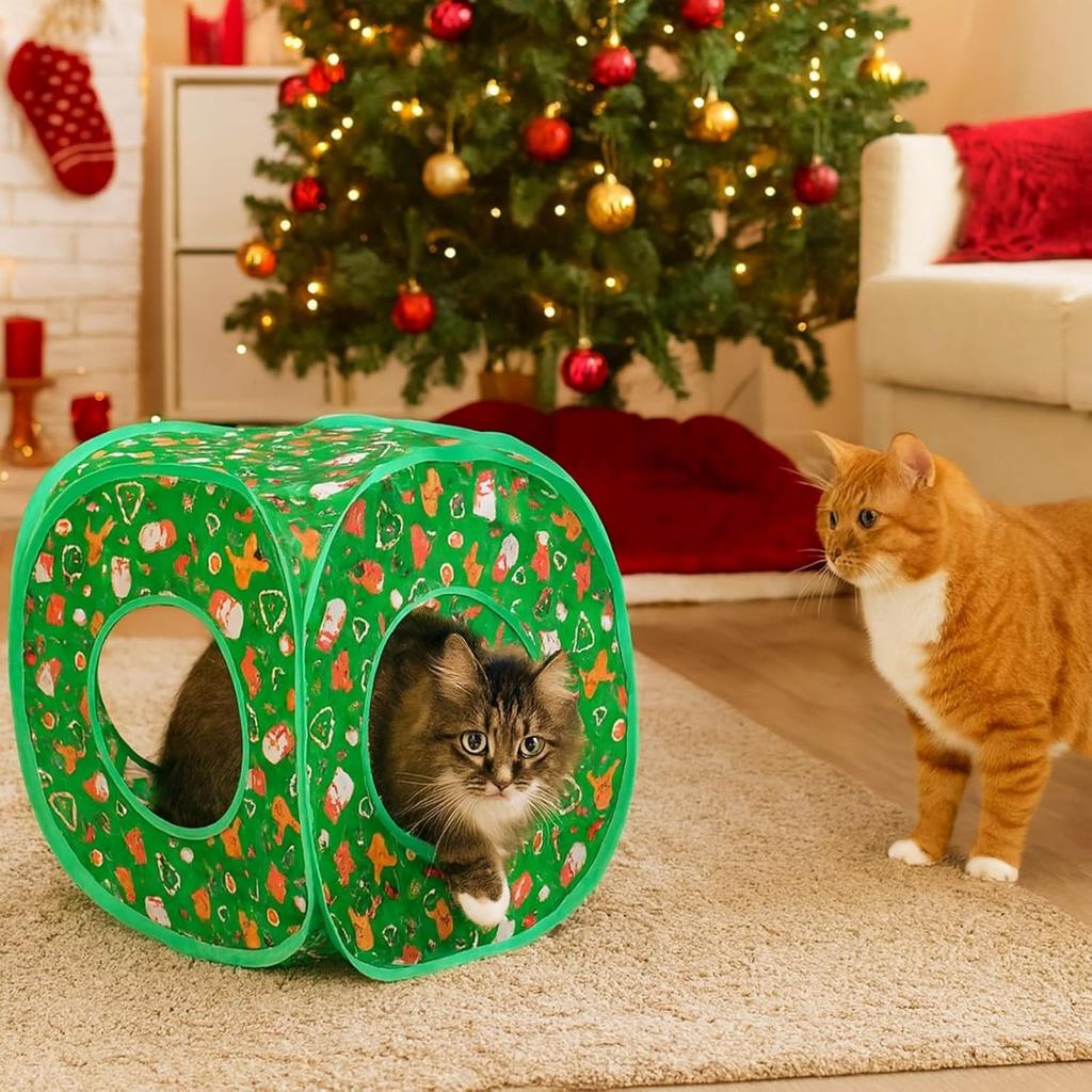 Christmas Cat Tunnel Cube Playhouse – Foldable Holiday Cat Cube with Peek Hole and Tunnel Fun for Indoor Cats