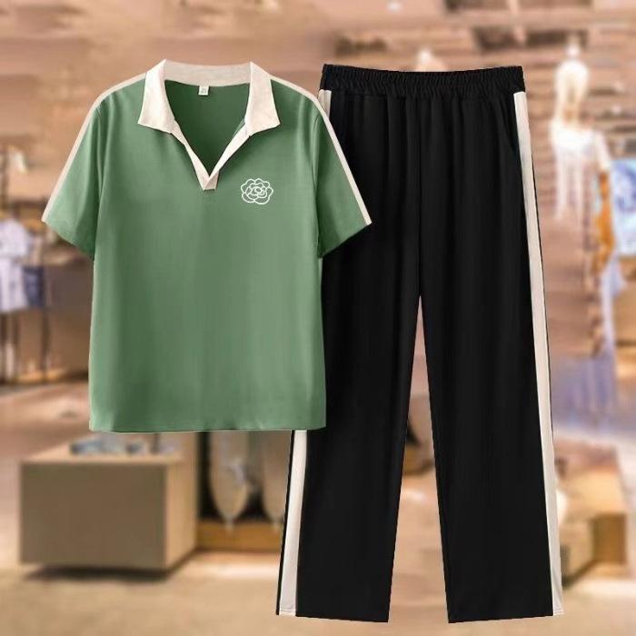 Fashionable Ice Silk Sports Suit for Women in Spring, Autumn and Summer, Slim Mother's Style Casual Pants Two-piece Set
