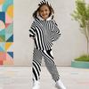 Girls Black White Striped Printed Hooded Long Sleeve Kangaroo Pocket Cuffed Pants Two Piece Set