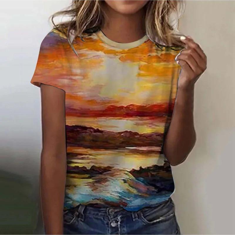 Women's Street Trendy T-shirt Dreamy Star 3D Printed Short Sleeve Versatile Daily Casual Loose Round Neck Top Women's Wear