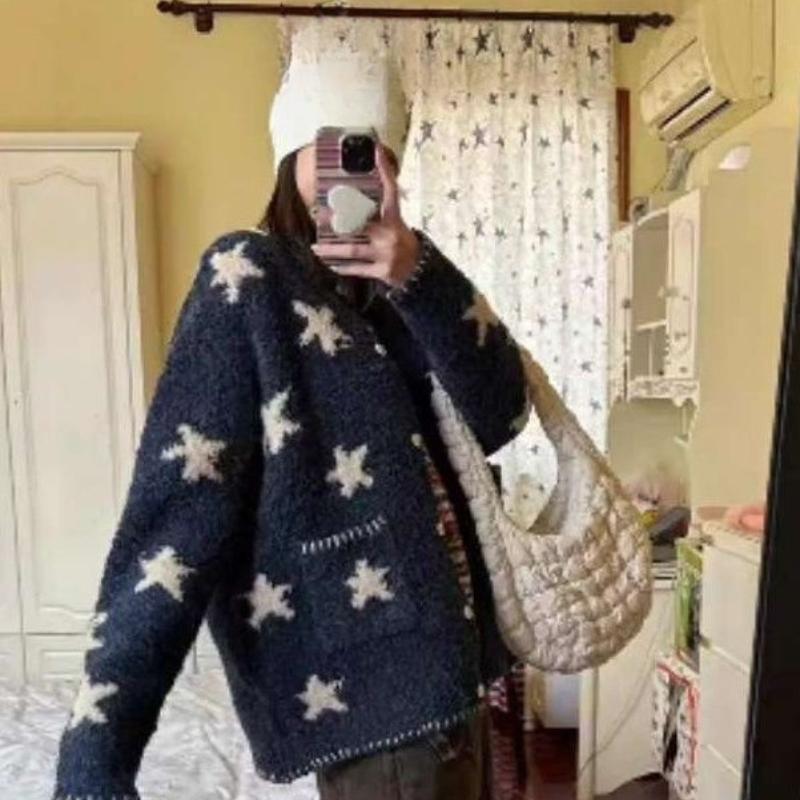 

Женские джемперы жаккардовой вязки со звездами, однотонные, корейские, свободные, с карманами, декоративные, трикотажные, осенняя мода, универсальные, женское однобортное пальто Onesize тёмно-синий