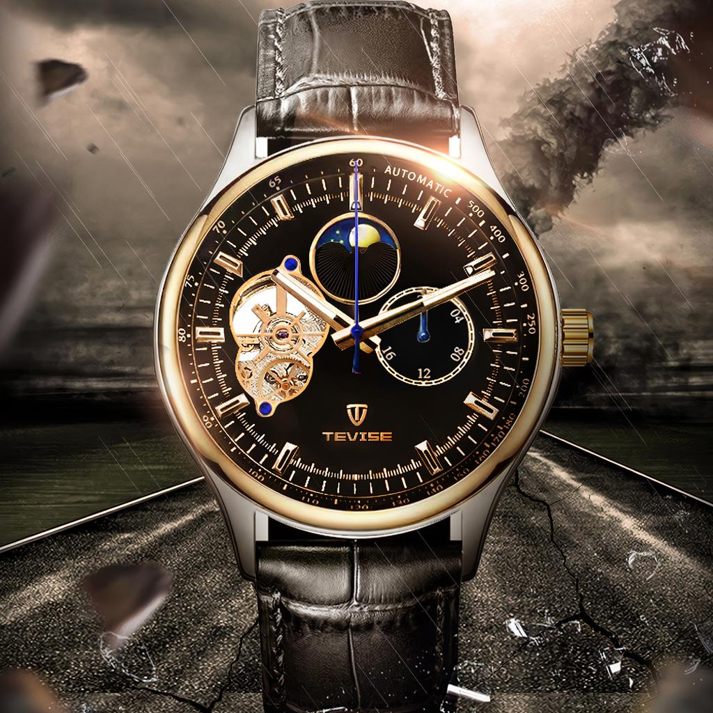 Pánské plně automatické mechanické hodinky Tourbillon s dutým ciferníkem 24hodinové okénko s fází měsíce Business Vodotěsné noční svítící pánské módní mechanické hodinky