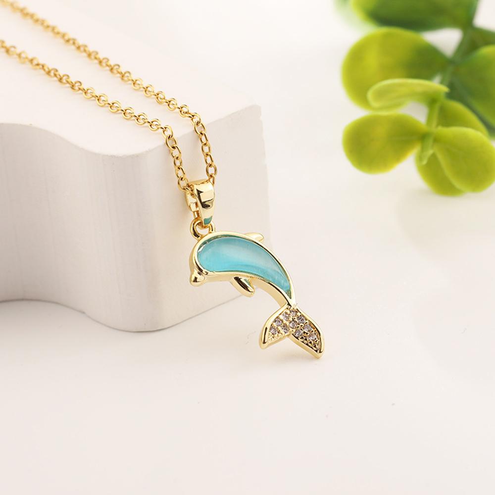 Elegant Dolphin Necklace for Women with Cat Eye Stone Marine Life Pendant Stainless Steel Temperament Jewelry Gift