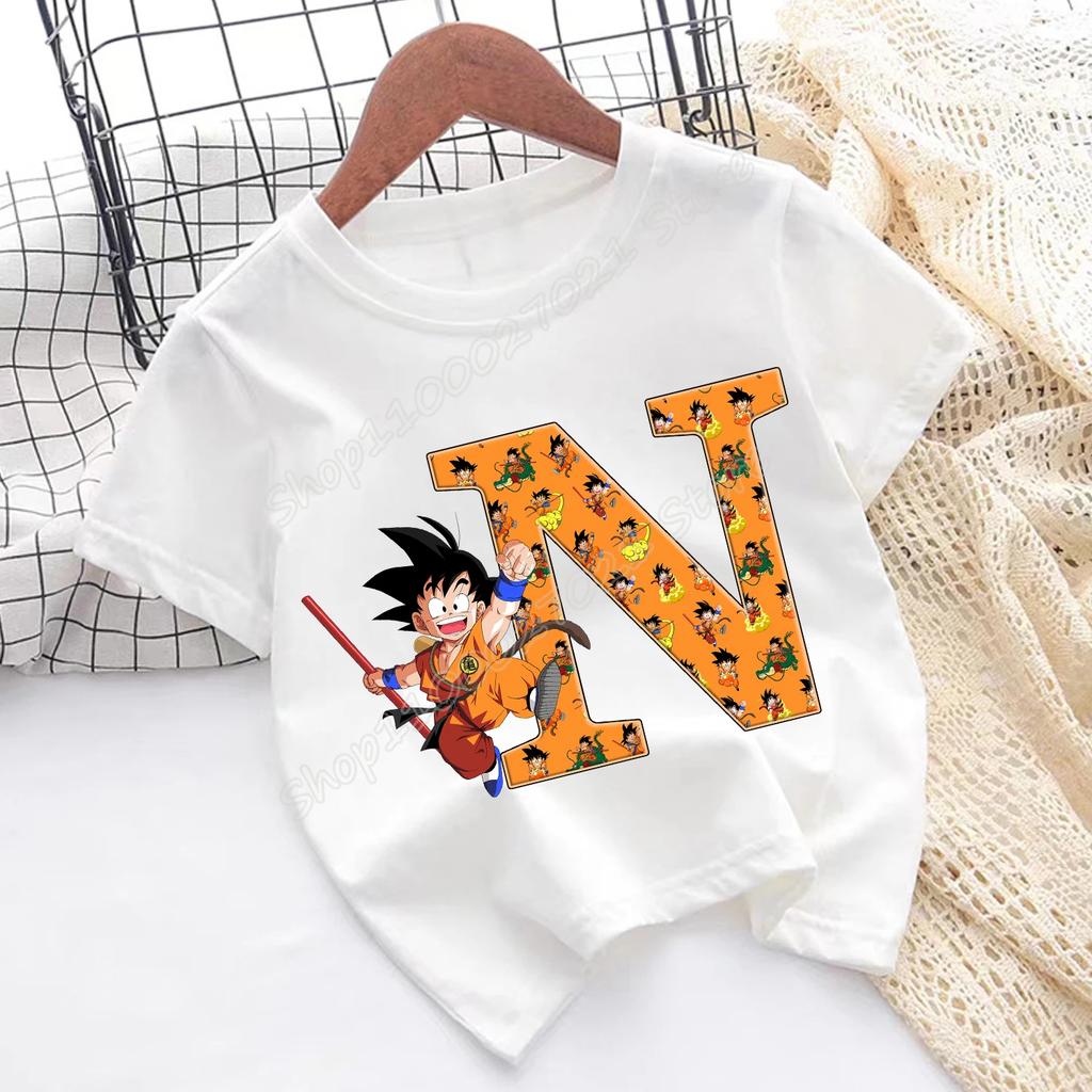 Dragon Ball Goku T-shirt Children A-Z Letter Tee Top Cartoon Summer Fashion White Short Sleeve Clothing Kids Casual Clothes Gift