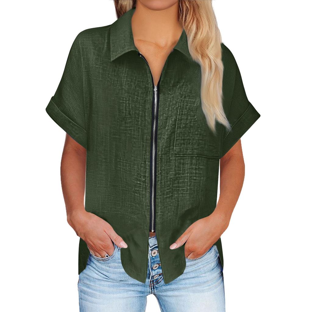 Damski letni top z krótkim rękawem, dopasowana koszula, modne ubrania codzienne, koszula zapinana na zamek, top z krótkim rękawem