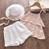 Summer Girls Floral Chiffon Camisole Top With Hollow White Shorts And Straw Hat 3 Piece Stylish Outfit Set