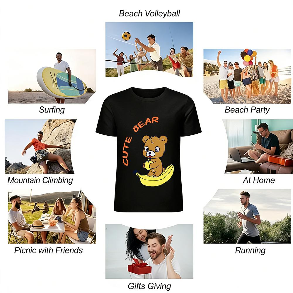 Cute Bear Banana Print Kids T-shirt Boys Girls Casual Breathable Crew Neck Short Sleeve Top Pure Cotton T-shirt