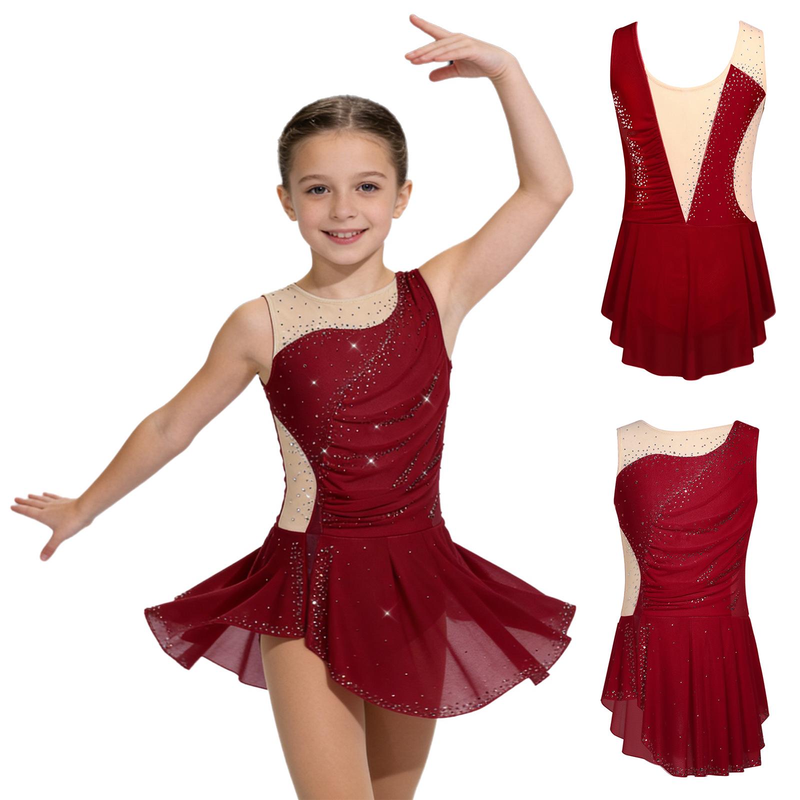 IEFiEL Kinder Ritmische Gymnastiek Leotard Artistiek Kunstschaatsen Ballet Lyrische Dans Leotards Jurk Mouwloos Geplooid Strass Jurk 15-16 Years bordeaux