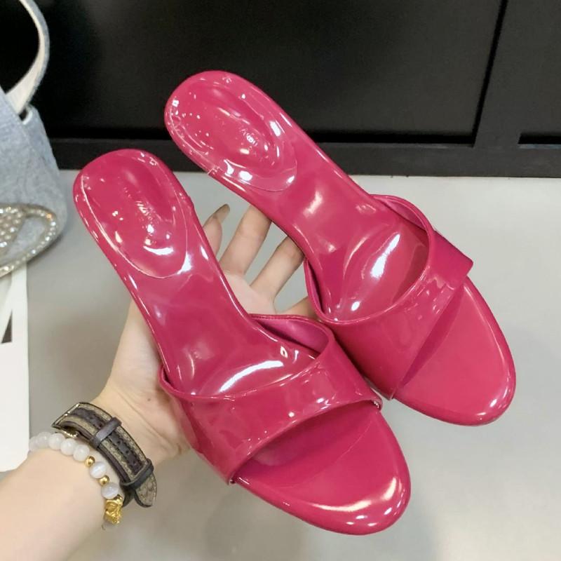 

Fashion High Quality Patent Leather Round Toe Women Sandals Fashion Open Toe Thin Heeled Mules Shoes Summer Comfort Shallow Slide Sandal 40