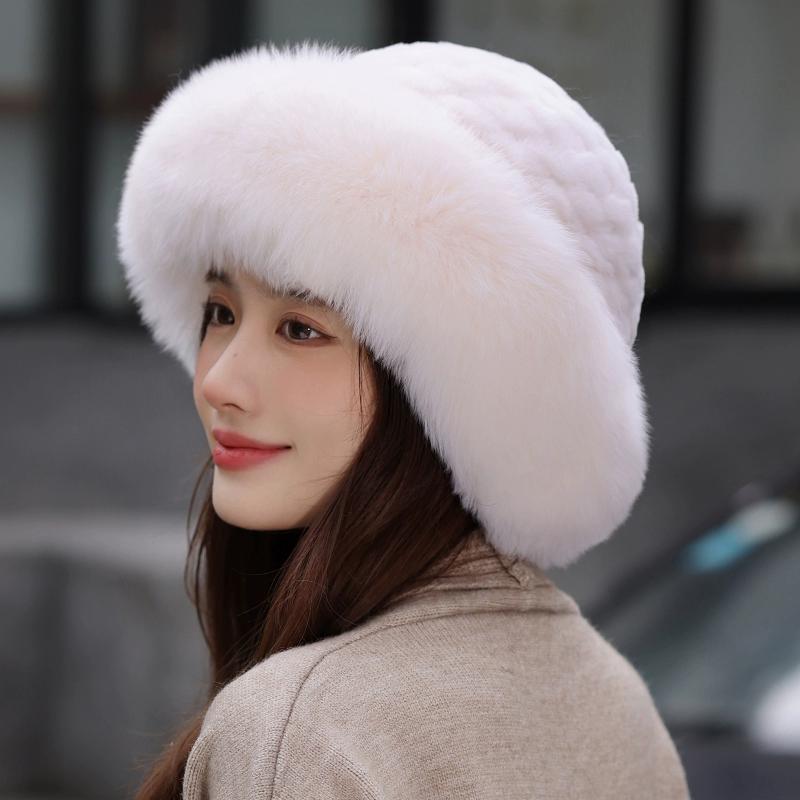 Bucket Hat Rabbit Hair Knitted Elastic Headgear Warm Female Autumn and Winter Fox Fur Hat