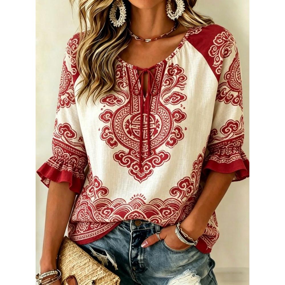 Women's White & Red Paisley Print Tie Neck Blouse, Casual Loose Tops for Spring Summer Daily Wear & Vacation Occasions