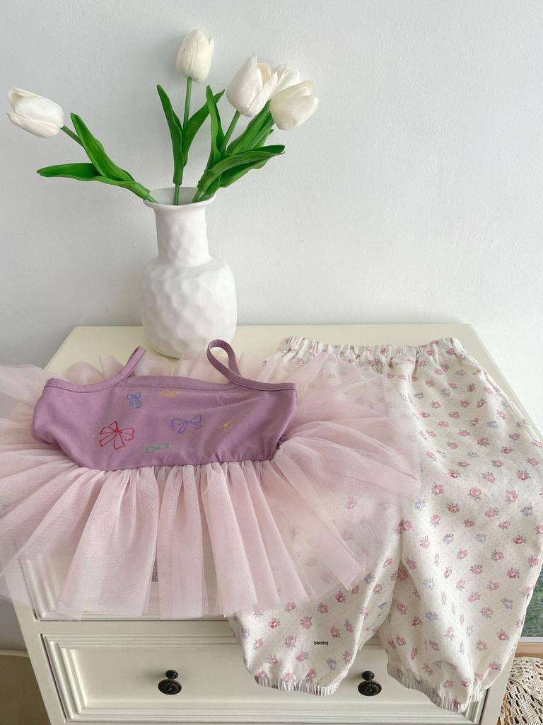 Now B. Happy Summer Girls' Gauze Top & Wide-Leg Pants Set - Stylish, Versatile, and Casual.