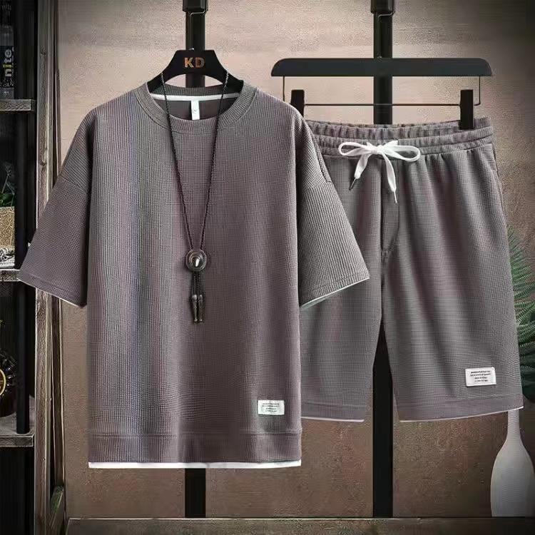 Ležérní outfit Trendy Šňůrka ke kolenům Ležérní outfit Tričko s texturou vafle Široké nohavice Šortky pro volný čas Denní oděv