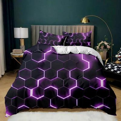 Geometric Quilt Set Multicolor Honeycomb Hexagon Bedding Set Geometric Theme Metallic Texture Streamlined Polyester Quilt Cover