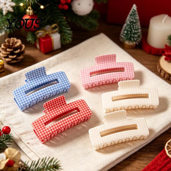 Long Hair Claw Back Head Claw, Hollow Square Large Clip, Plaid Print Accessory Anti-Slip Teeth for Daily Wear Medium