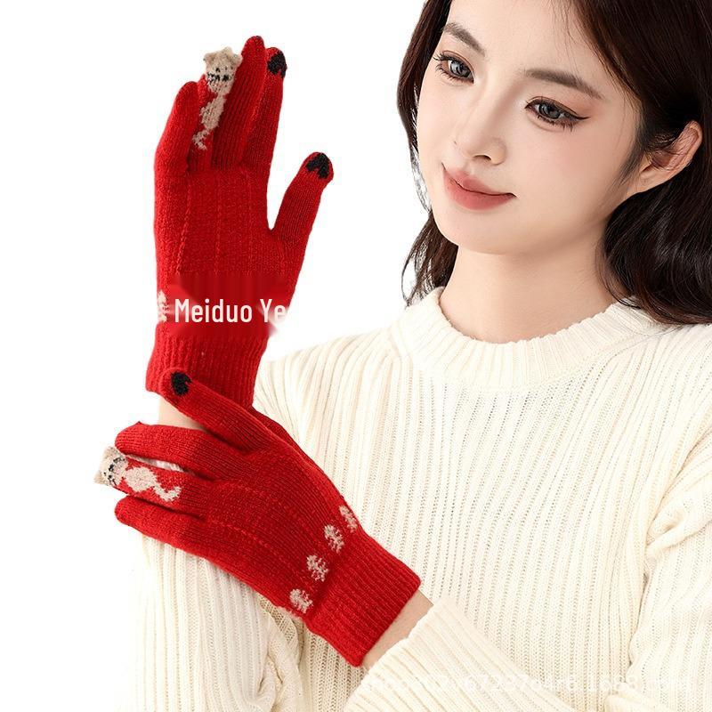 Damen Winter Touchscreen Wollhandschuhe im koreanischen Stil - Dick, warm, kältefest, gestrickt mit gebürstetem Finish, Großes Rot für Weihnachten