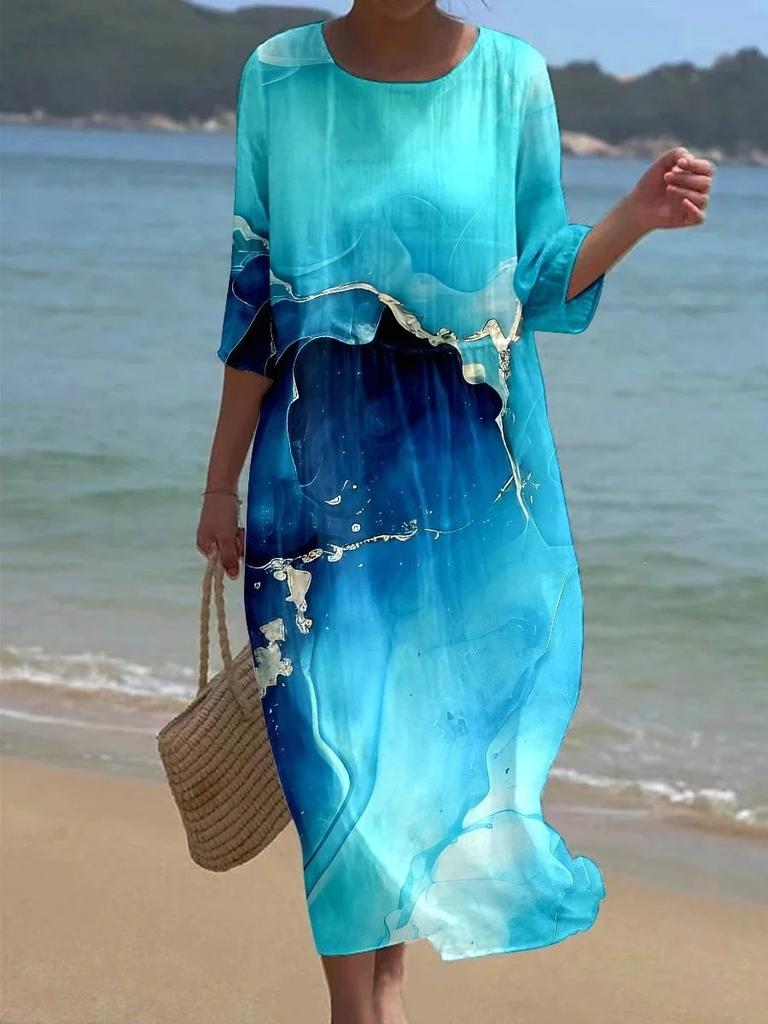 European and American New Large-size Dress Women's Clothing Seaside Vacation Printed Loose Long Dress