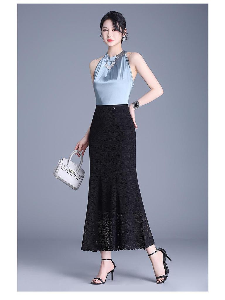 Women's Elegant High Waist Lace Fishtail Midi Skirt - Spring 2026