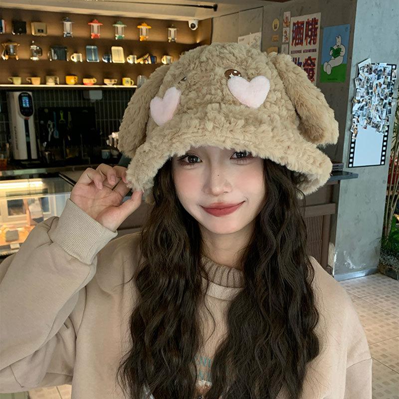 Cute rabbit ears bucket hat women's autumn and winter warm versatile washbasin hat cold protection ear hat plush hat tide