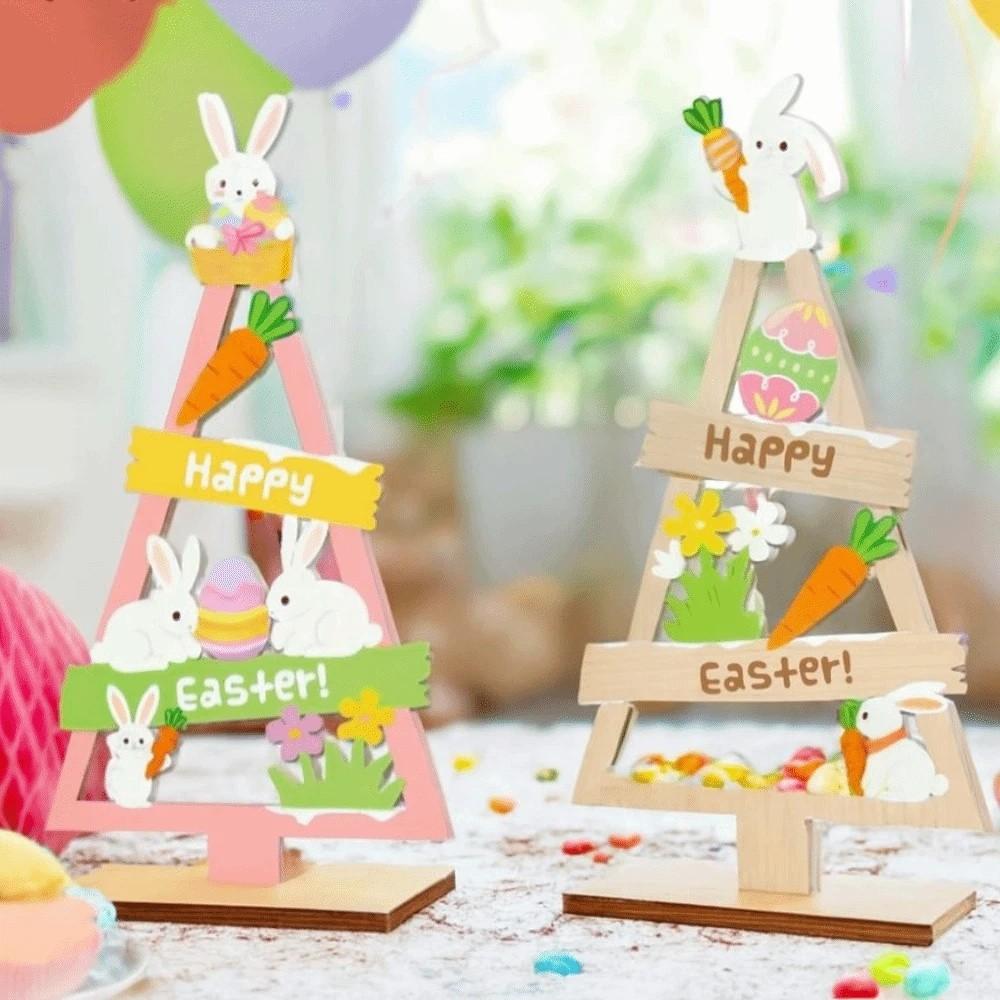 Cartoon Mini Easter Tree Ornament Colorful Blessing Wooden Rabbit Figurines Handmade Easter Desktop Decoration Dining Room