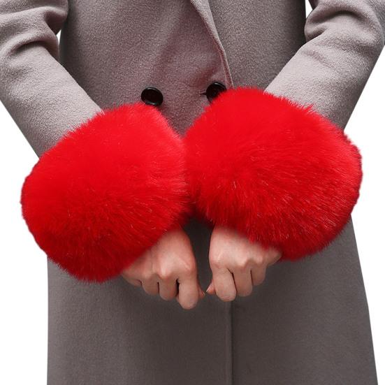 

1 пара искусственных меховых манжет, пушистые, однотонные, толстые и теплые, зимние красный