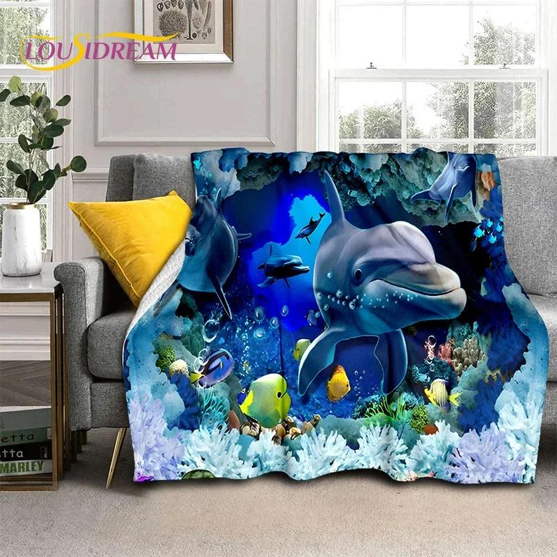 3D Illusion Underwater World Seabed Shark Dolphin Soft Flannel Blanket for Beds Bedroom Sofa Picnic,Throw Blanket Outdoors Gifts