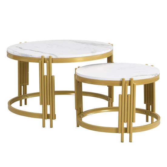 Sofa Side Table Modular Coffee Set, Marble Look, Golden Metal Frame, Round Tea Tables in Two Sizes, Nesting Table, Set of 2