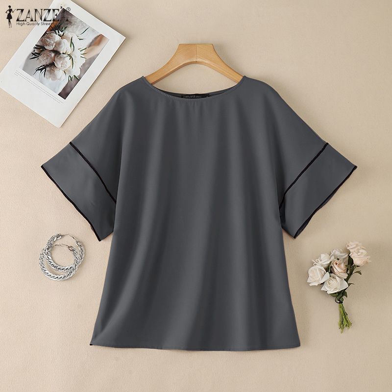 ZANZEA Women Casual Round Neck Loose Summer Short Sleeve Blouse
