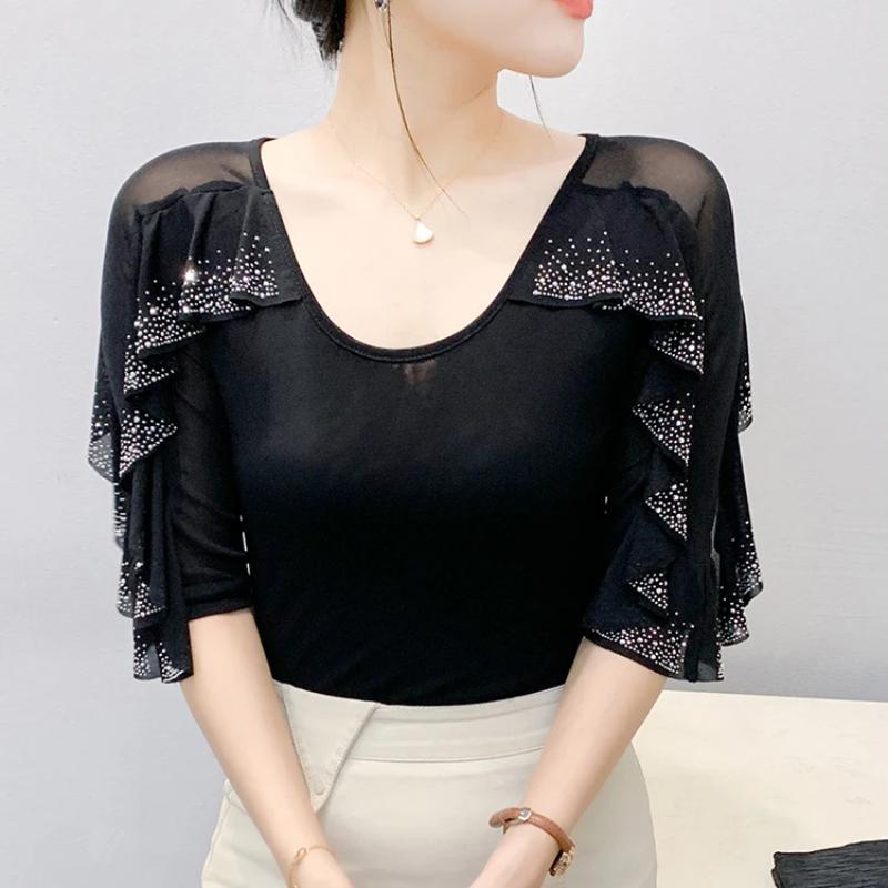 New Summer Streetwear Girl Chic Ruffled Hot Diamonds T-Shirt Clothes Fashion V-Neck Half Sleeved Mesh Tops Women's Tees Blusas
