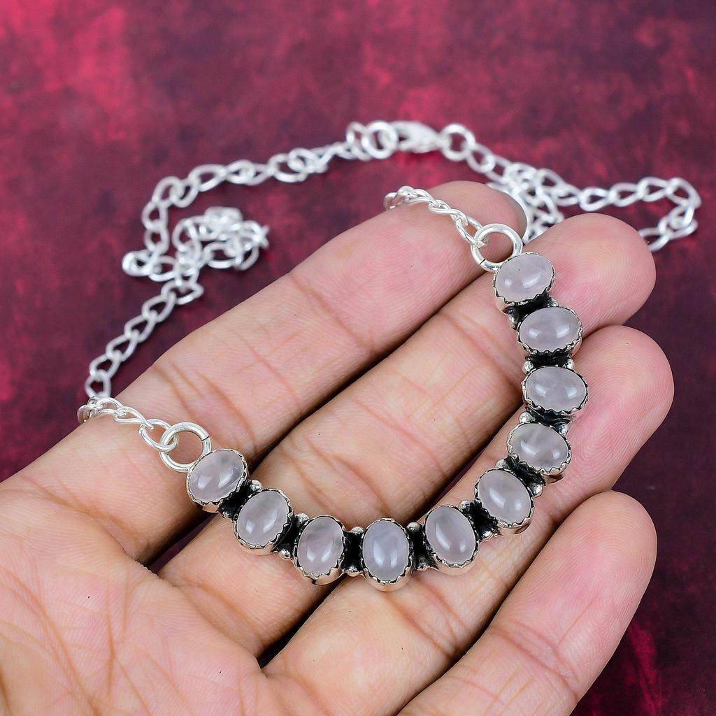 Rose Quartz Necklace, Gemstone 925 Sterling Silver Handmade Wonderful Jewelry Necklace, Gift for Introverted