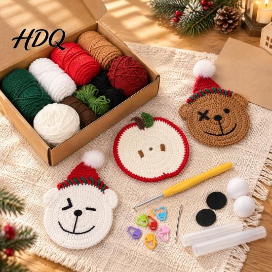 Handmade Cup Mat Christmas Bear Fruit Crochet Coaster Kit DIY Crocheting Beginner Friendly Set with Accessory Knitting Round Mug for Table