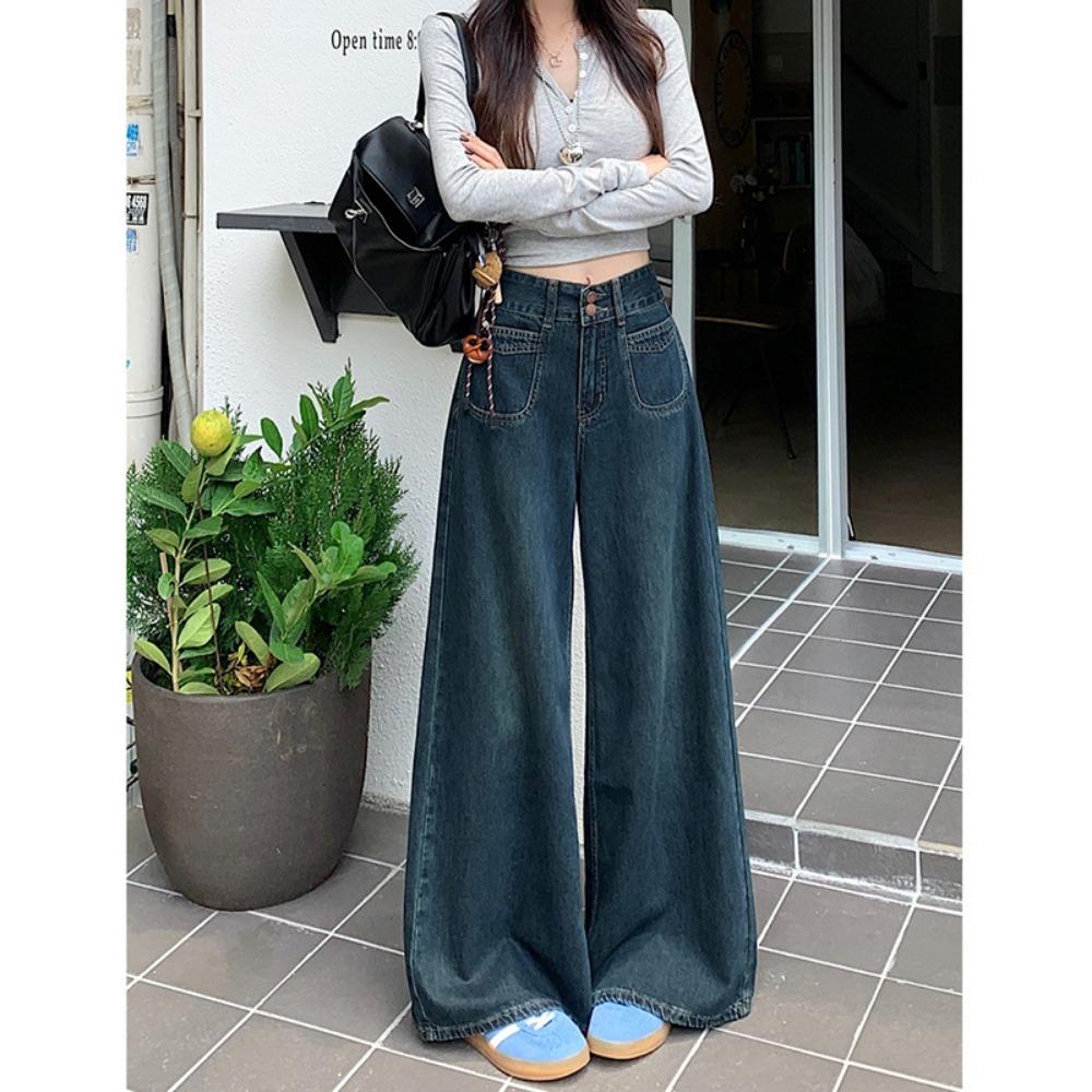 Street Personality Wide-leg Jeans Women's Spring and Autumn New Versatile High-waisted Loose Drape Floor Jeans