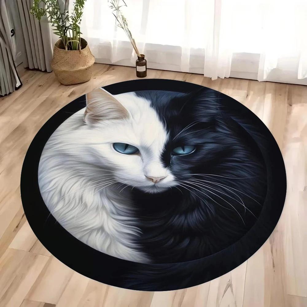 Black and White Cat Round Rug Anti-Slip Washable Carpet for Living Room Bedroom Kitchen Decor and Gift Tool Room Area Floor Mat