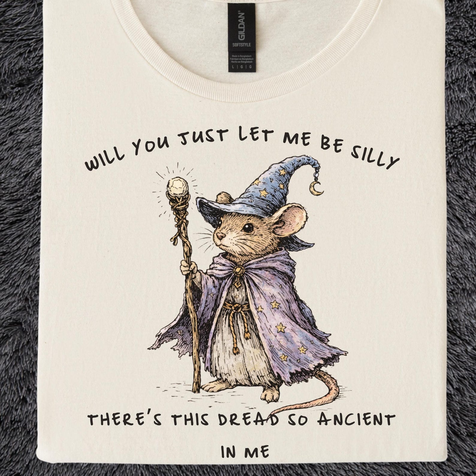 Will You Just Let Me Be Silly Shirt | Wizard Mouse Tee, Whimsical Dread Shirt, Funny Existential Humor T-Shirt M