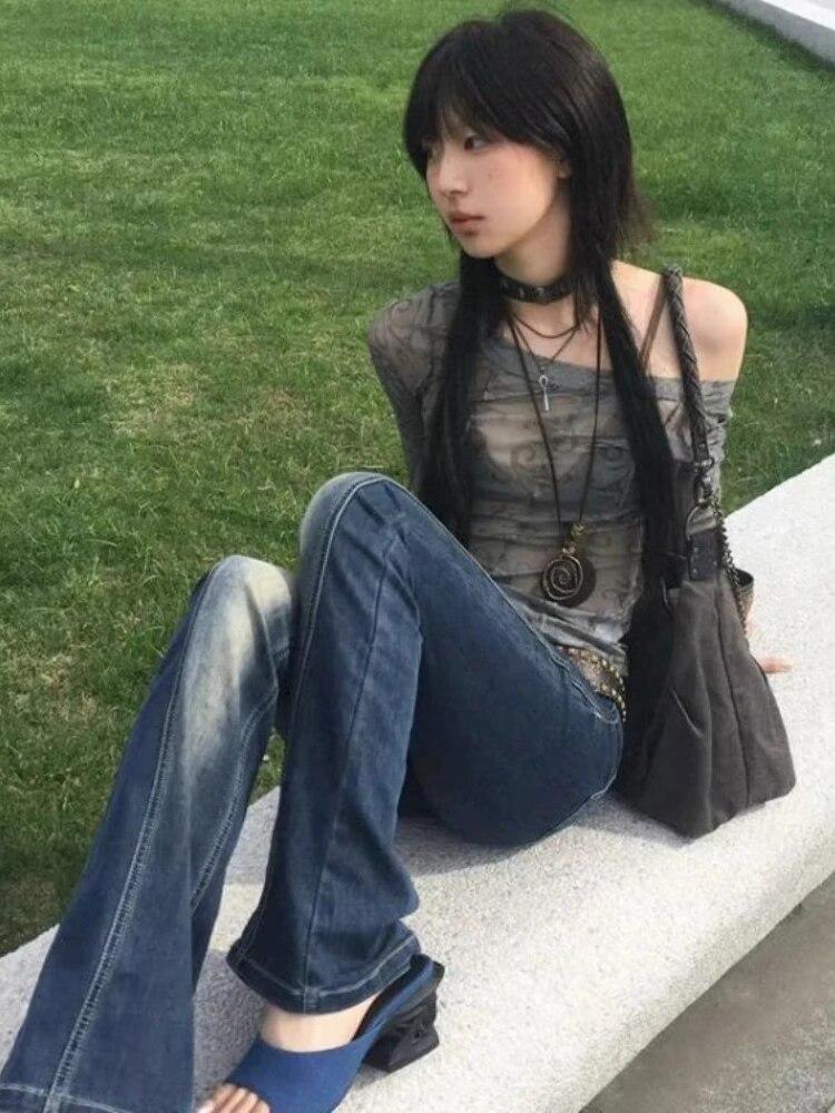 Vintage Print Slim Y2k Aesthetic T-Shirts Women Off Shoulder Sexy Harajuku Streetwear Tops Female Korean Fashion Designer Casual Clothes 2024 New