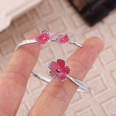 Sweet Pink Open Adjustable Ring Drop Oil Design Flower Bracelet Unique Cherry Blossom Ring  Women