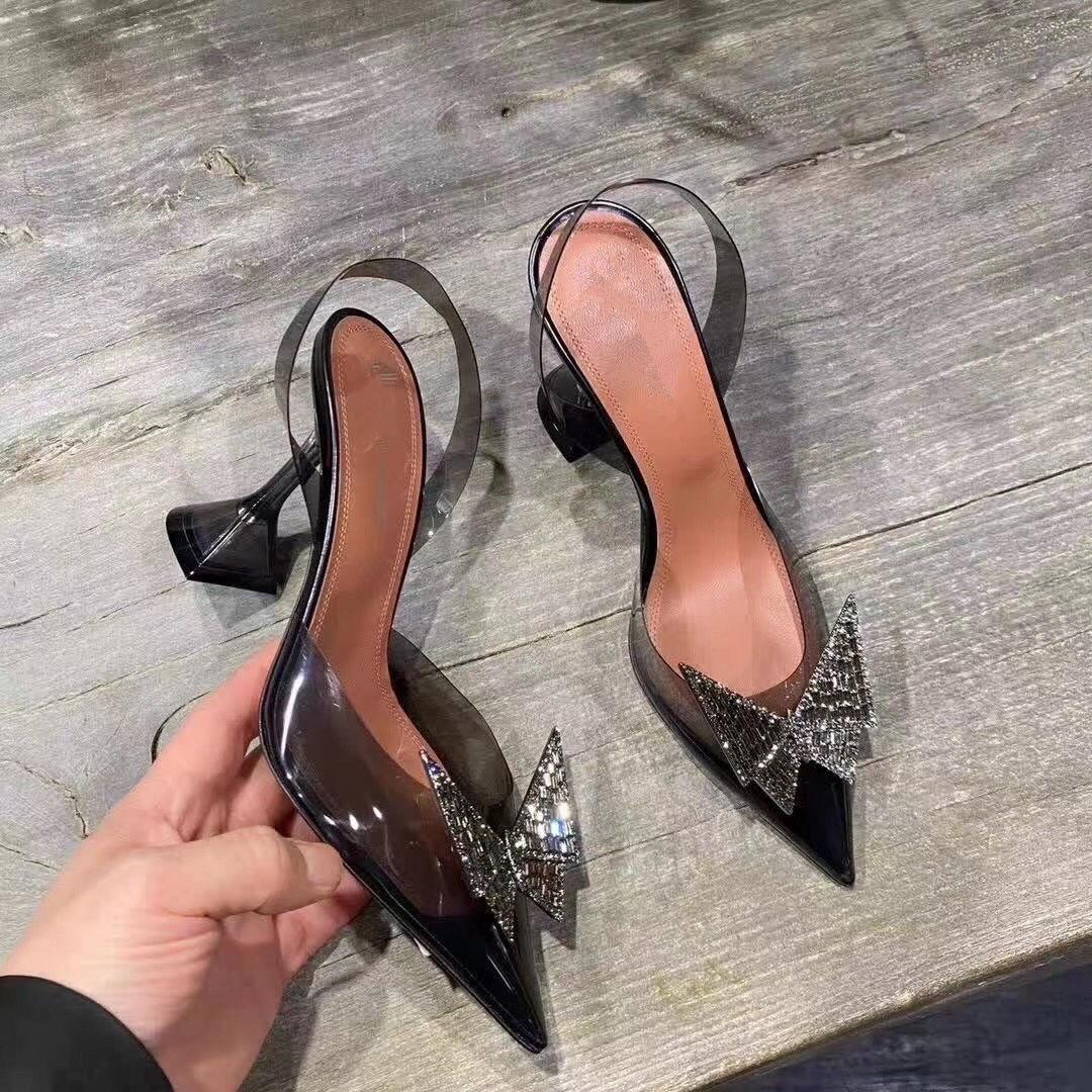 

Модные прозрачные босоножки на каблуке для женщин с бриллиантами на высоком каблуке, обувь с острым носком и бантом, прозрачная, лето 2024, женские туфли-лодочки, дизайнер 42