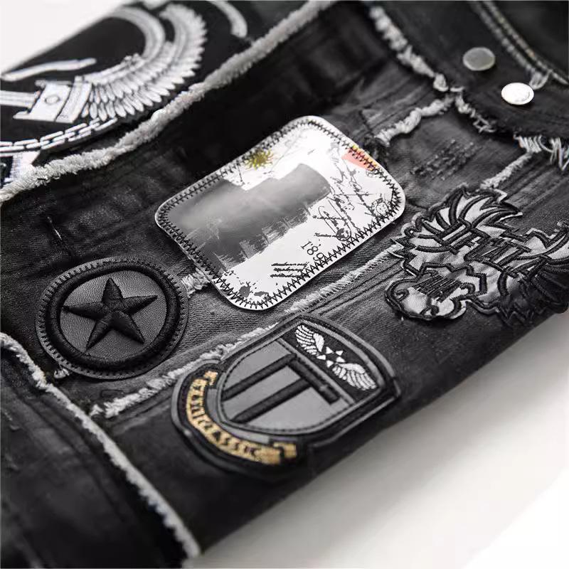 Cardigan en jean noir brodé pour homme 2022 - Gilet décontracté à revers pour jeunes