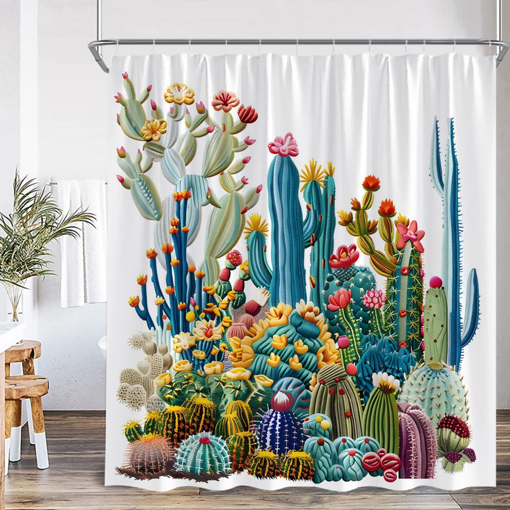 Cactus Cartoon Shower Curtain Desert Green Plant Watercolor Boho Vintage Bathtub Curtain with Hook Home Decorations for Bathro