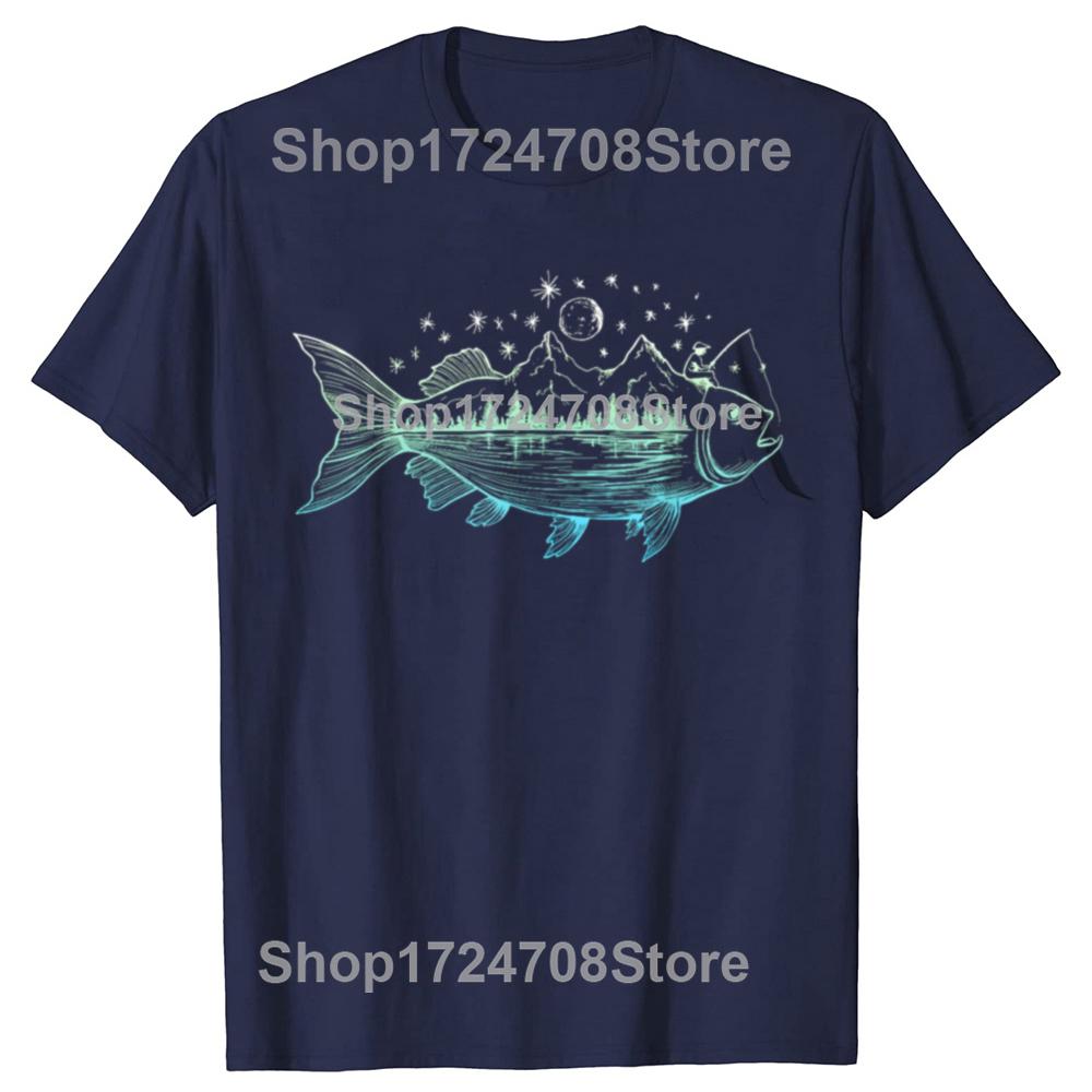 Funny Cool Fish Shaped from Mountains Nature Scene Fishing Tshirt Unisex Fashion Casual Tshirt 100 Cotton Loose Oversized T Shirt S