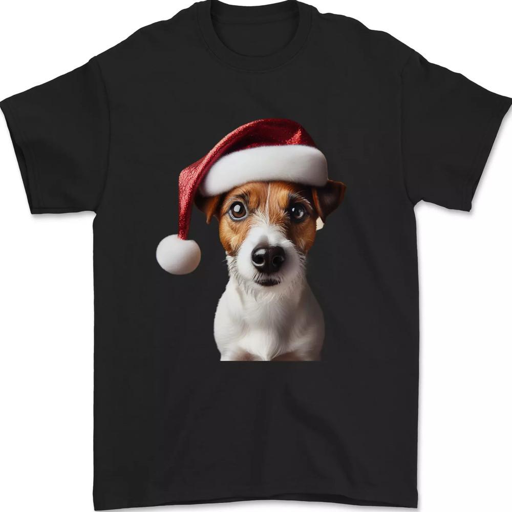 Christmas Jack Russell Dog Wearing an Xmas Hat T Shirt Size S-5XL Unisex T-Shirt