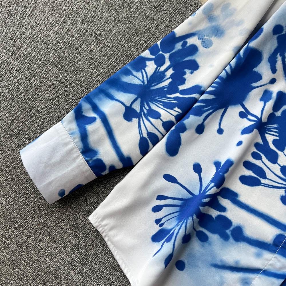 Elegant Temperament Polo Collar Blue Printed Long-Sleeved Shirt Women's High-End Pleated Skirt Fashion Two-Piece Suit