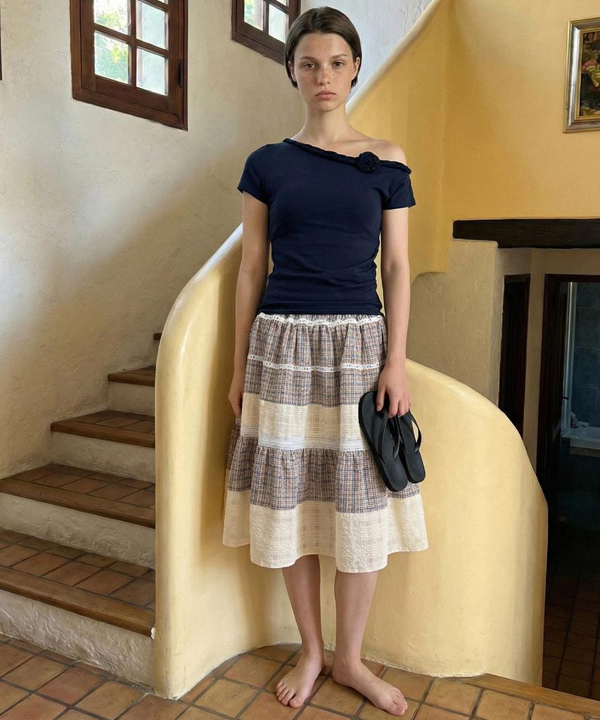 Sinun Smocking Color Block Flare Skirt (Beige)