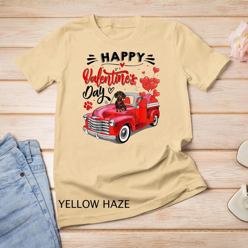 

Cute Dachshund Dog Red Truck Happy Valentine s Day Valentine Unisex T-shirt M