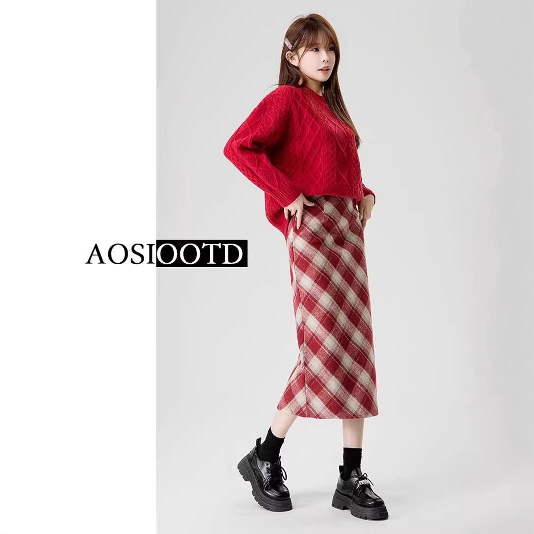 Winter Plus Size High Waist Wool Plaid A-Line Skirt for Women Small чёрный