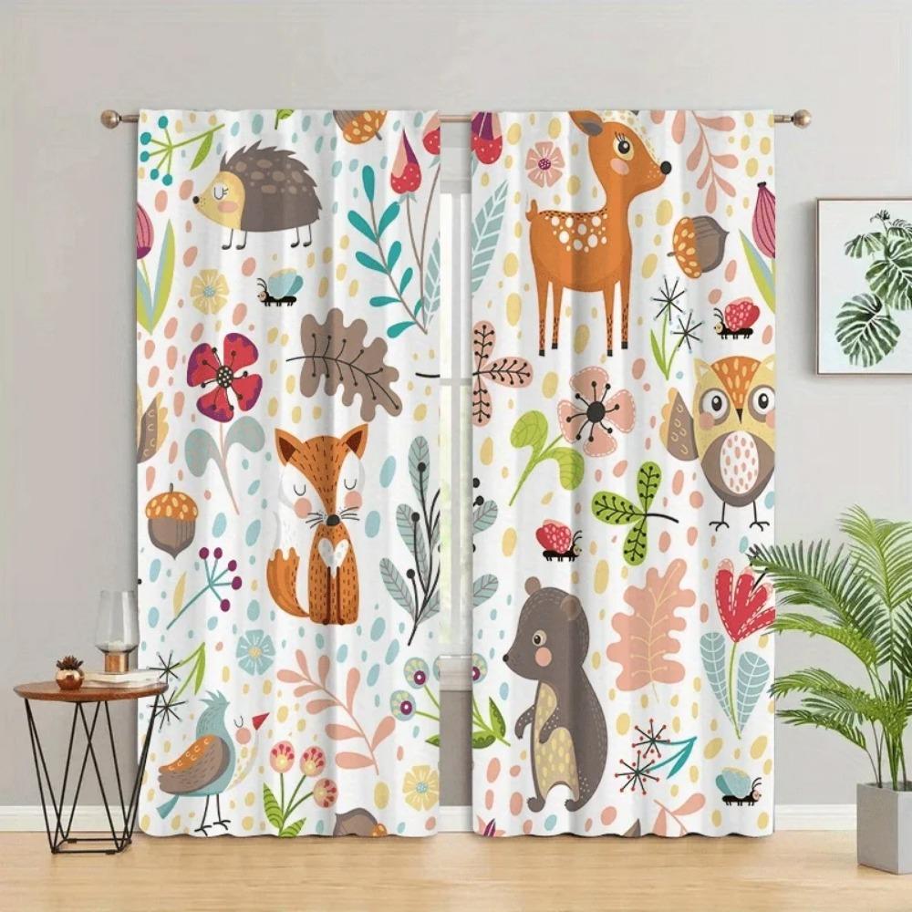 2pcs Cartoon Animal Fox Lion Giraffe Jungle Print Curtain For Bedroom Office Kitchen Blinds Living Room Floor Window Home Decor